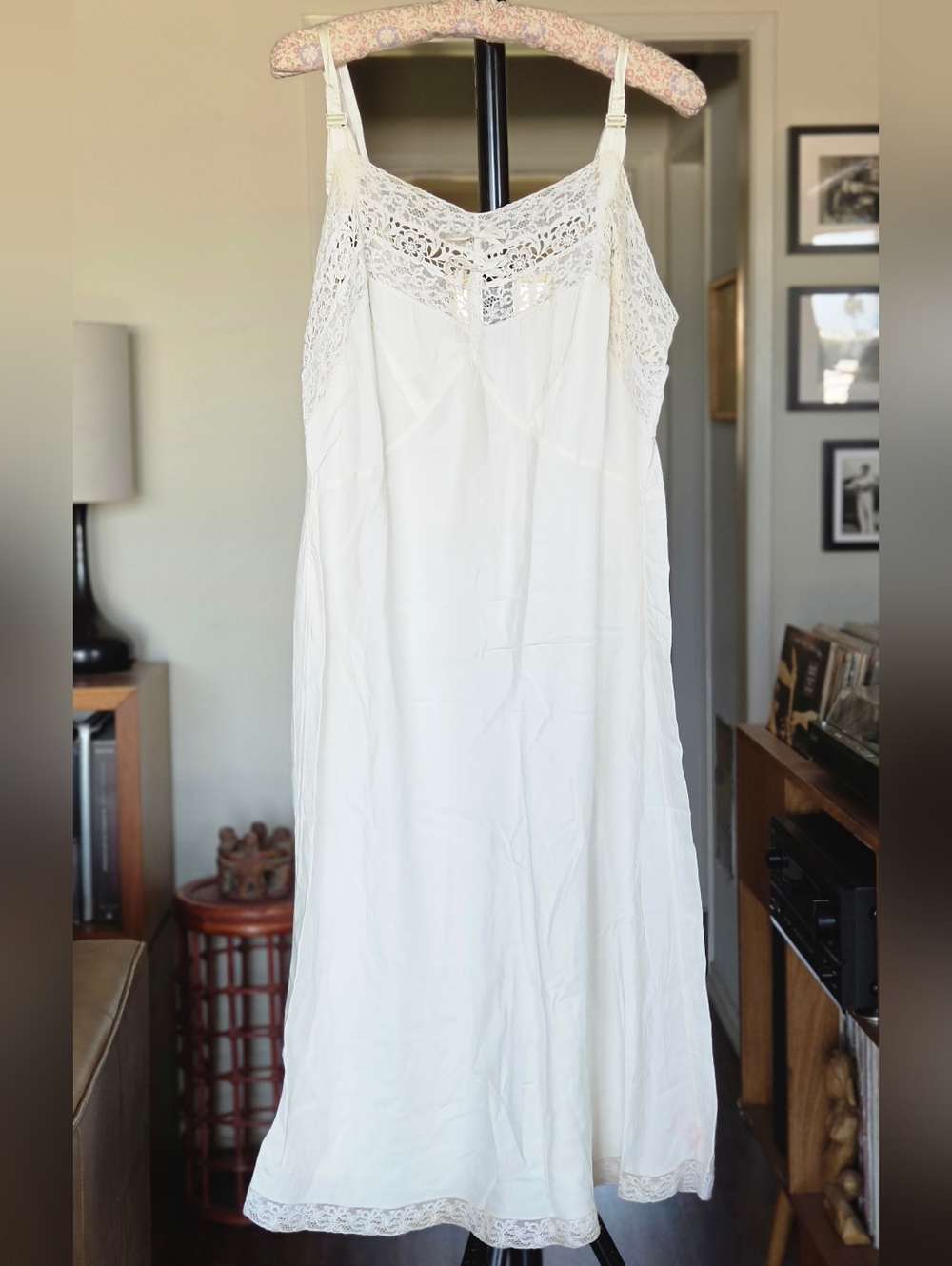 Vintage Victorian Cream Lace-Trim Slip Dress